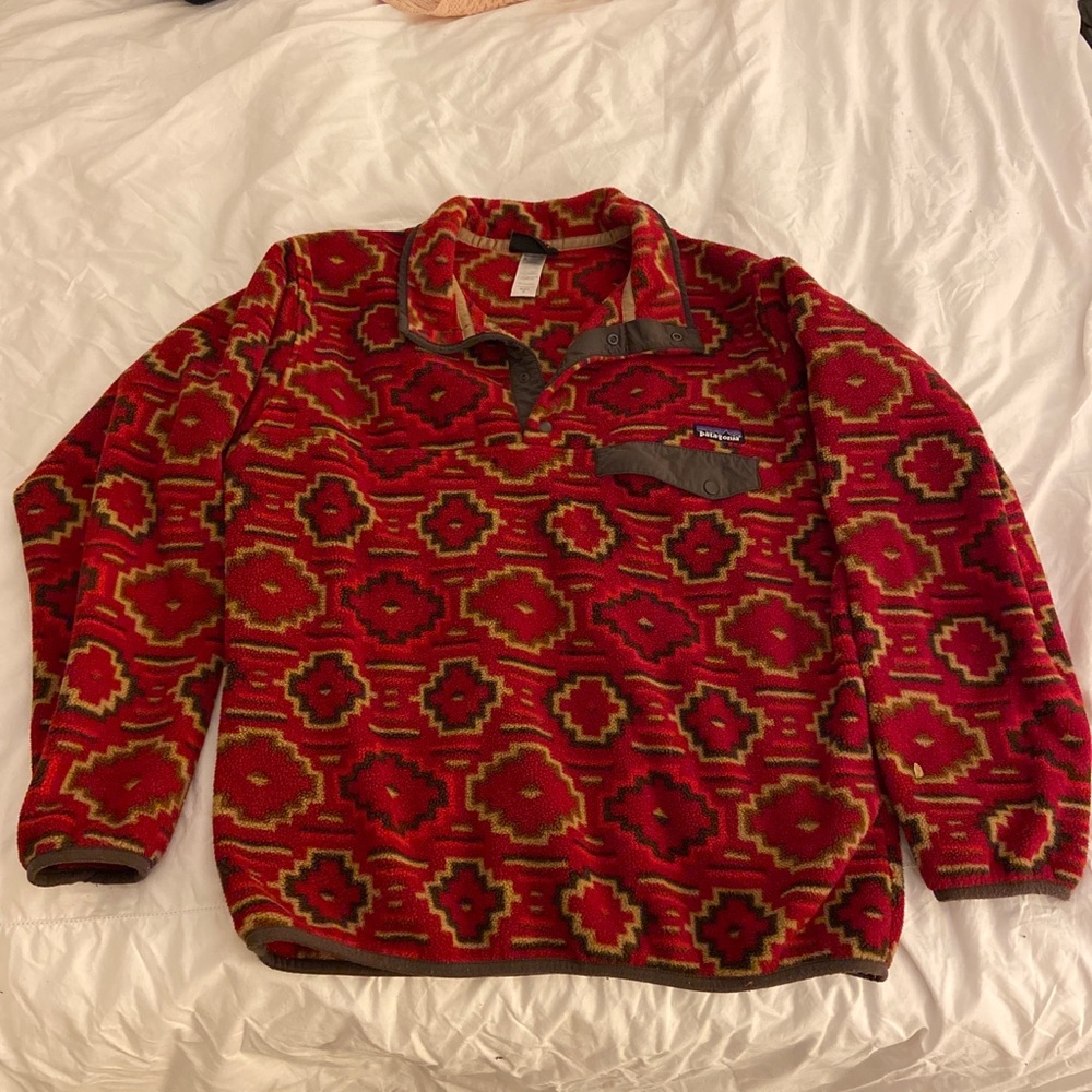Men's PATAGONIA Synchilla Fleece Snap T Red Aztec Pullover Sweater SZ M